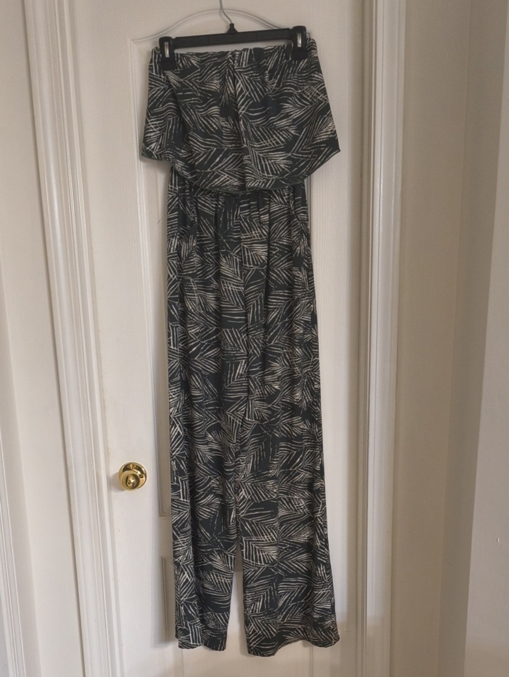 Tyche Olive and White Printed Strapless Jumpsuit
